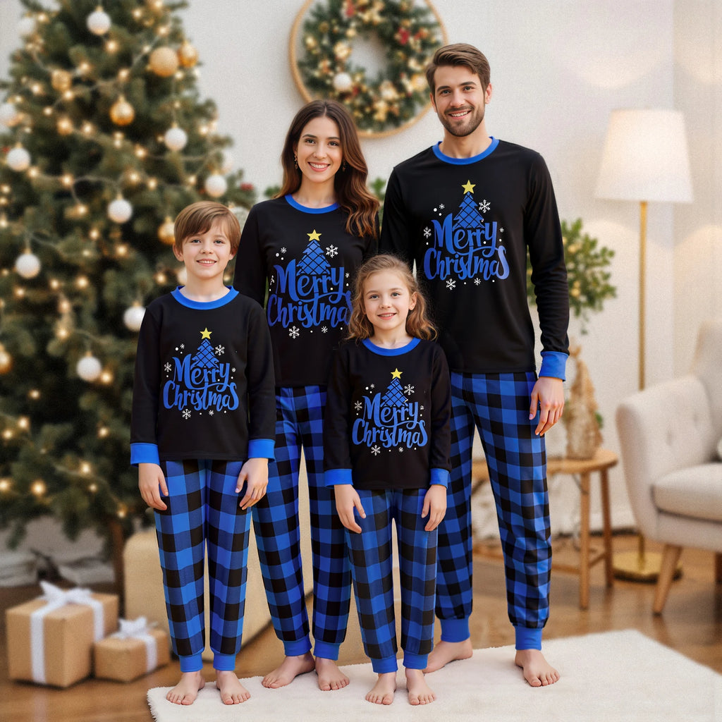 Christmas Family Matching Pajamas Father-Son Mother-Daughter Long Sleeve Star Tree Print T-shirts Plaid Pants Xmas Look Outfits