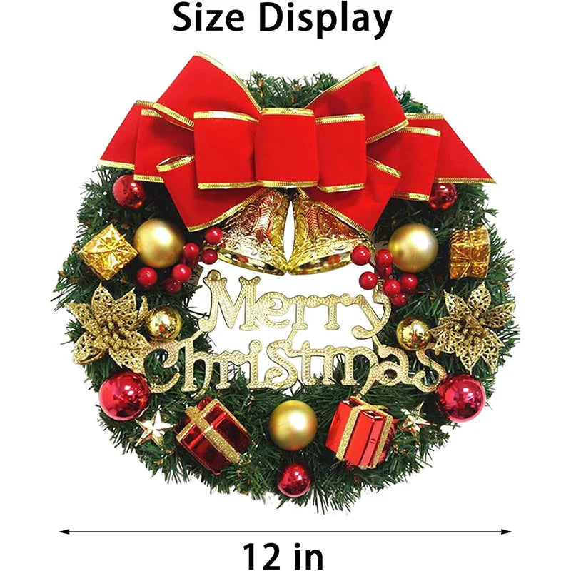 ✨ 30cm Christmas Wreath Front Door Hanging Decoration with Bells & Bow