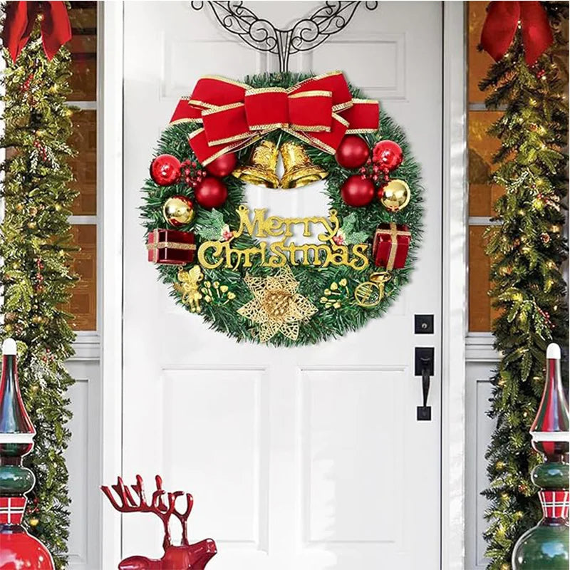 ✨ 30cm Christmas Wreath Front Door Hanging Decoration with Bells & Bow