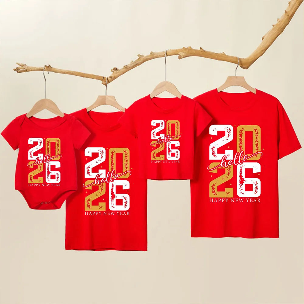 Hello 2026 Happy New Year Shirt Family Matching New Year Party Group T-Shirt Happy New Year Dad Mom and Me Tops Tee Clothes