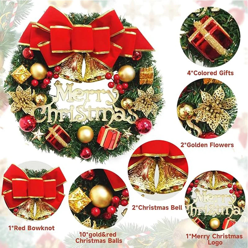 ✨ 30cm Christmas Wreath Front Door Hanging Decoration with Bells & Bow