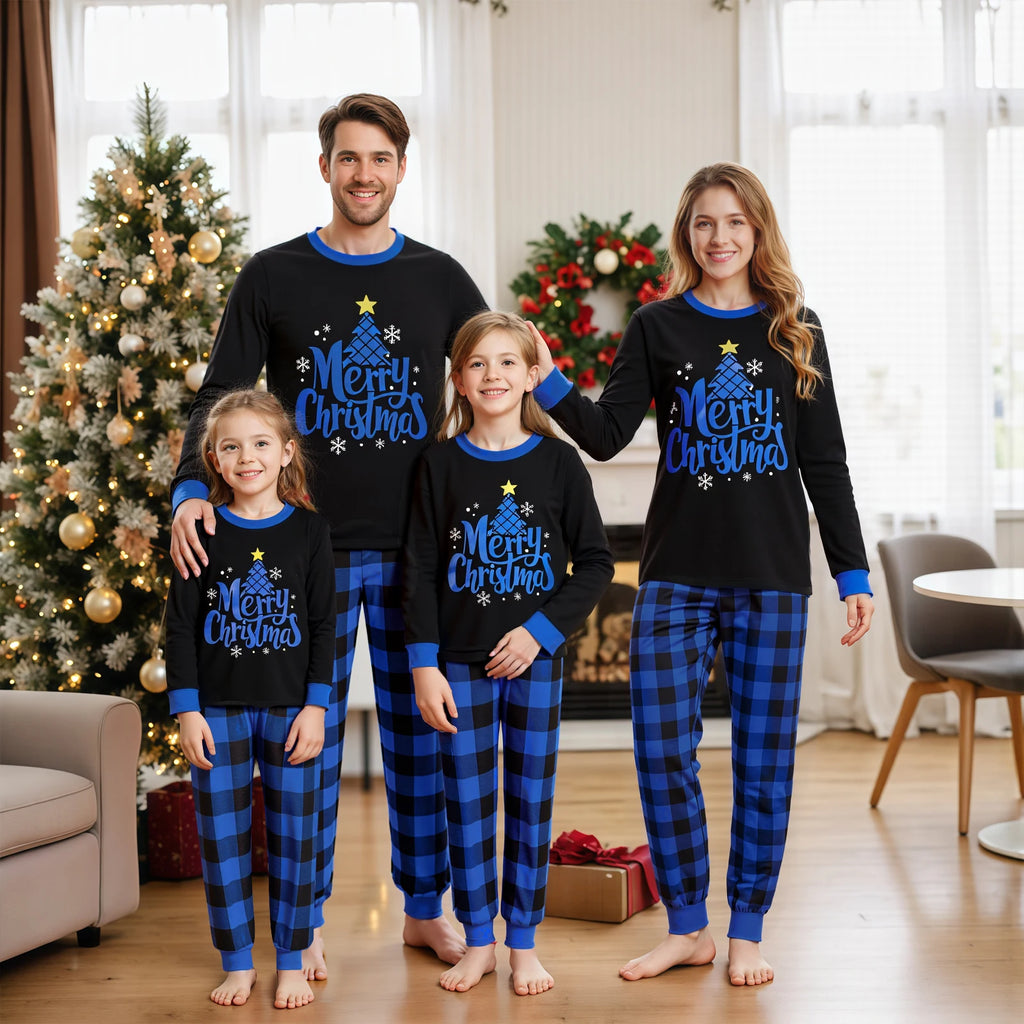 Christmas Family Matching Pajamas Father-Son Mother-Daughter Long Sleeve Star Tree Print T-shirts Plaid Pants Xmas Look Outfits