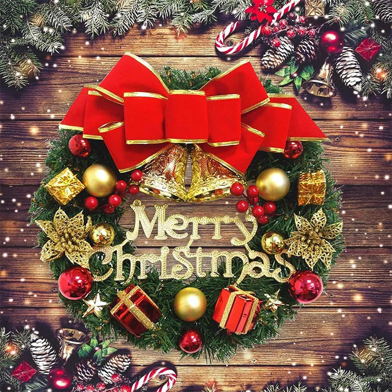 ✨ 30cm Christmas Wreath Front Door Hanging Decoration with Bells & Bow