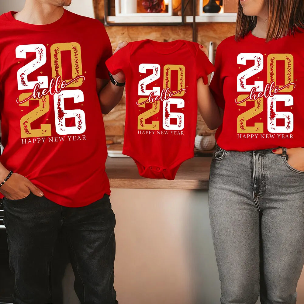 Hello 2026 Happy New Year Shirt Family Matching New Year Party Group T-Shirt Happy New Year Dad Mom and Me Tops Tee Clothes