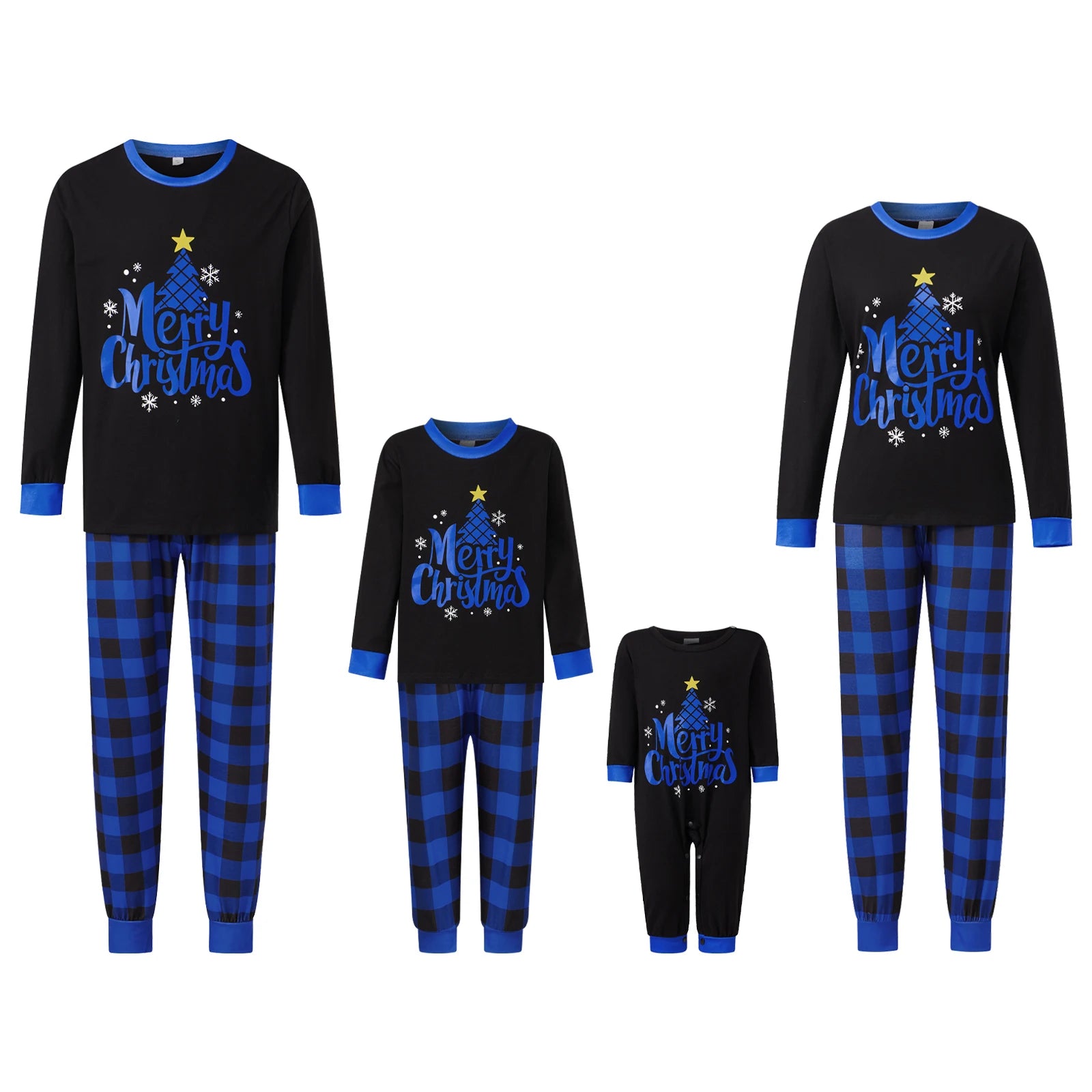 Christmas Family Matching Pajamas Father-Son Mother-Daughter Long Sleeve Star Tree Print T-shirts Plaid Pants Xmas Look Outfits
