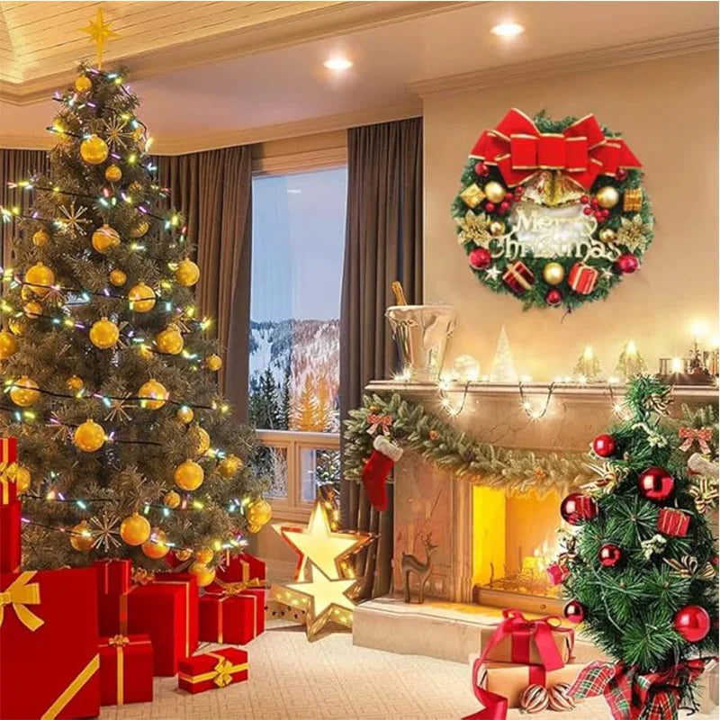 ✨ 30cm Christmas Wreath Front Door Hanging Decoration with Bells & Bow
