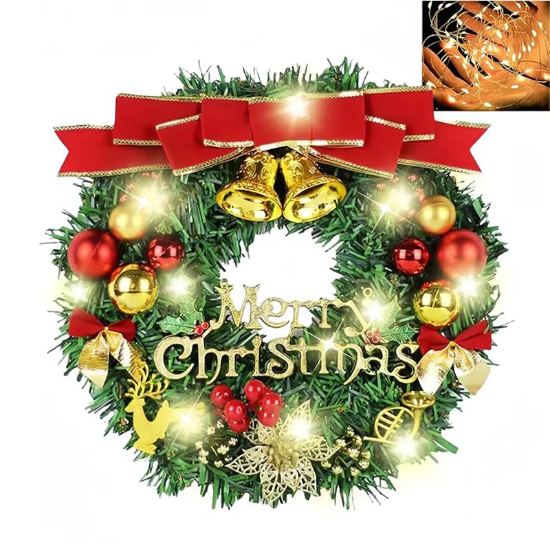 ✨ 30cm Christmas Wreath Front Door Hanging Decoration with Bells & Bow