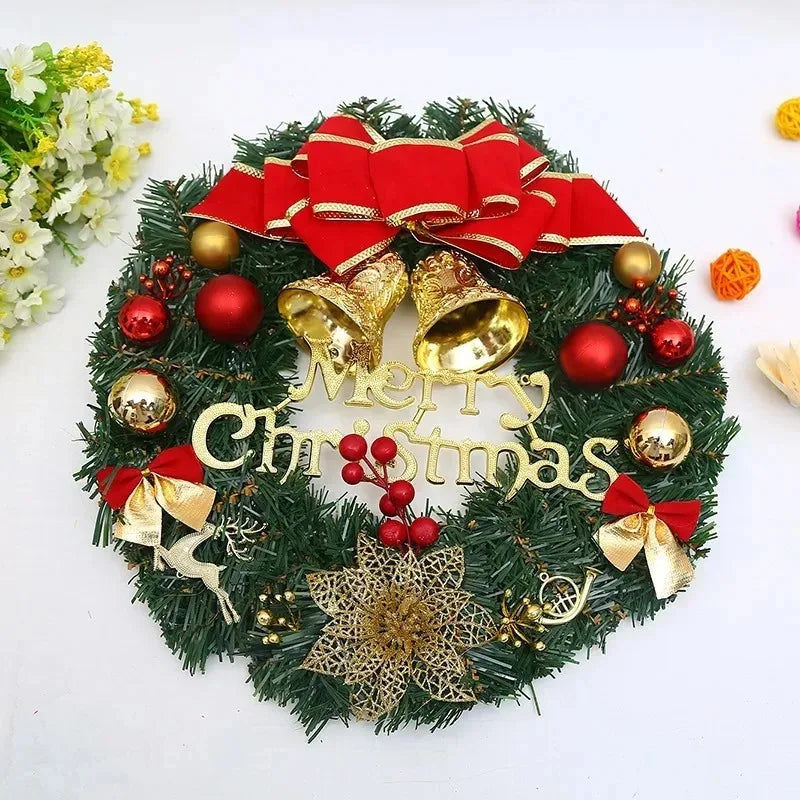 ✨ 30cm Christmas Wreath Front Door Hanging Decoration with Bells & Bow